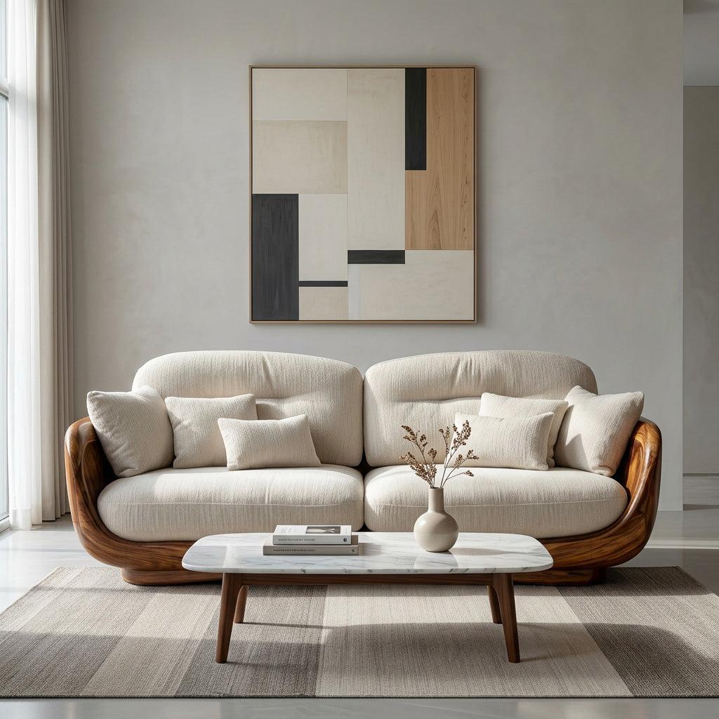Organic Wooden Sofa with Rounded Edges, Contemporary Timber Loveseat Settee, Minimalist Couch for Living Room