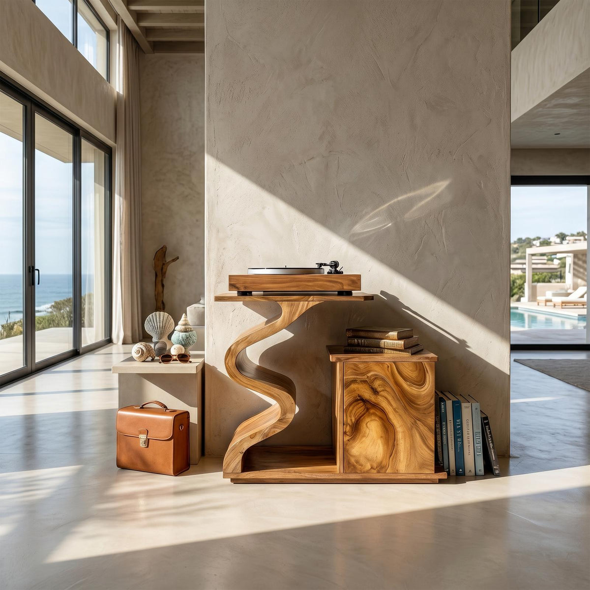 Spry Interior Modern Sculptural Wood Turntable Stand, Handcrafted Unique Geometric Vinyl LP Record Storage Console Table, Model SILDTTRRPT041