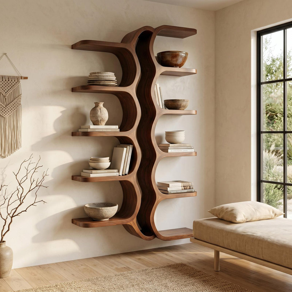 Organic Sculptural Wooden Wall Mounted Floating Shelf, Handcrafted Solid Wood Display for Living Room