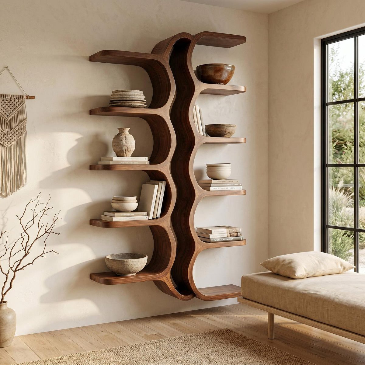 Organic Sculptural Wooden Wall Mounted Floating Shelf, Handcrafted Solid Wood Display for Living Room