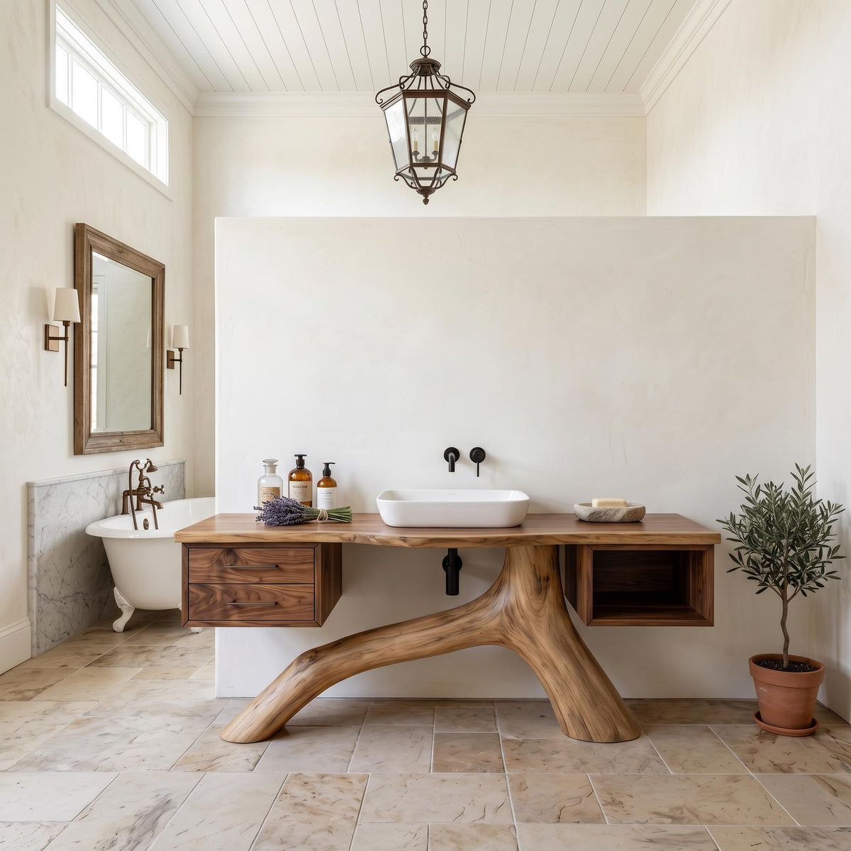 Tropical Double Sink Wood Vanity with Storage, Handcrafted Solid Wooden Cabinet for Luxury Resort Bathroom