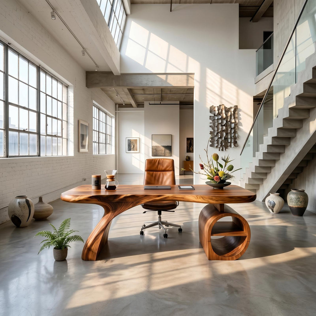 Modern Sculpted Wood Office Desk with Open Shelving Storage, Handcrafted Solid Wood Computer Desk, Writing Table