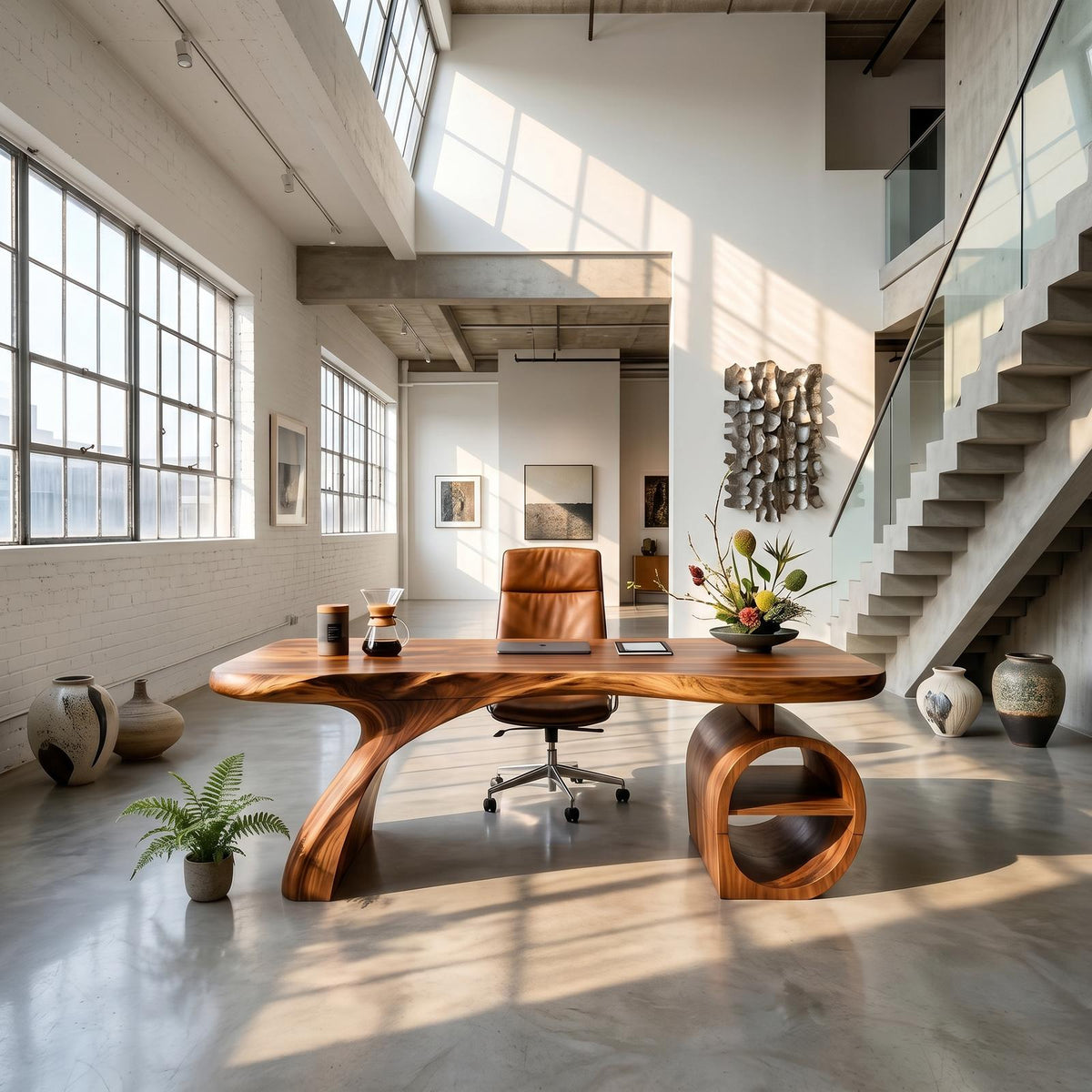 Modern Sculpted Wood Office Desk with Open Shelving Storage, Handcrafted Solid Wood Computer Desk, Writing Table