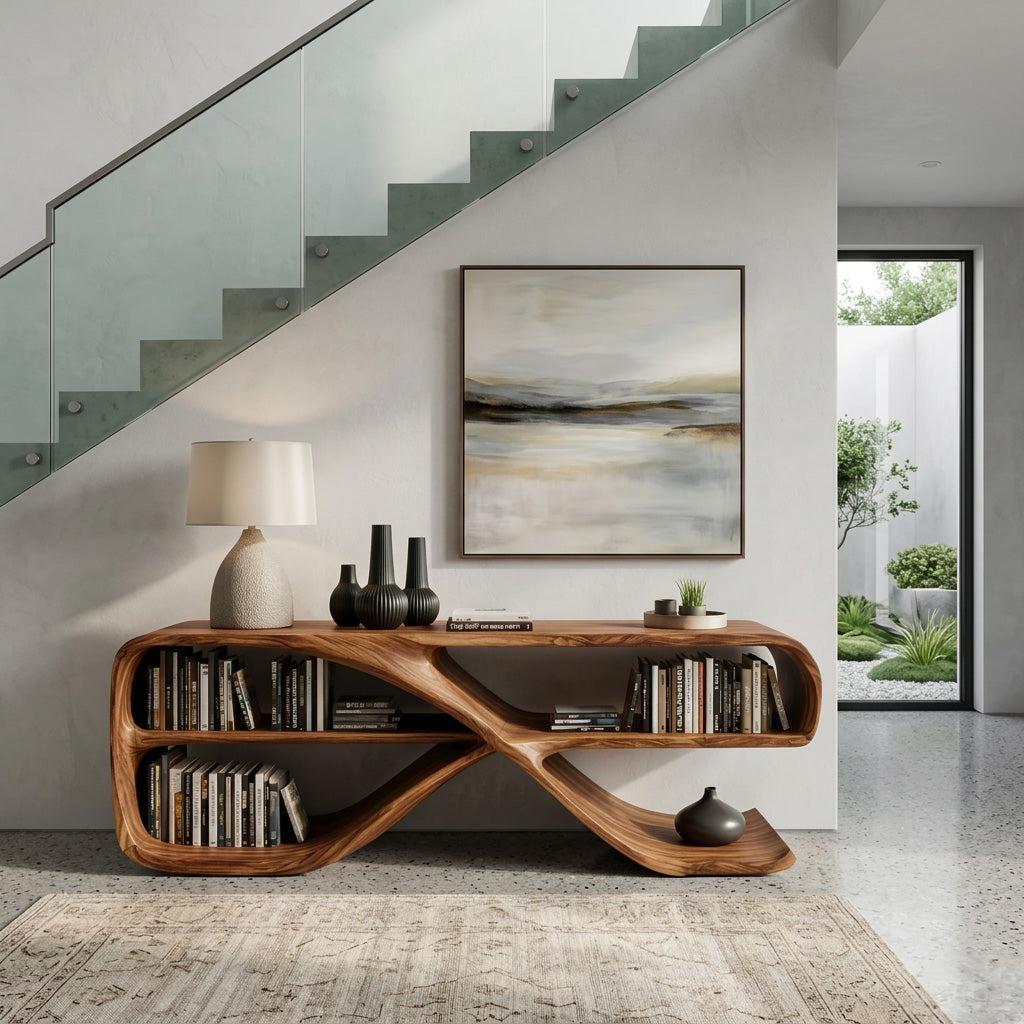 Modern Organic Wooden Console Table, Handcrafted Solid Wood Entryway Table for Living Room & Hallway Decor, Model