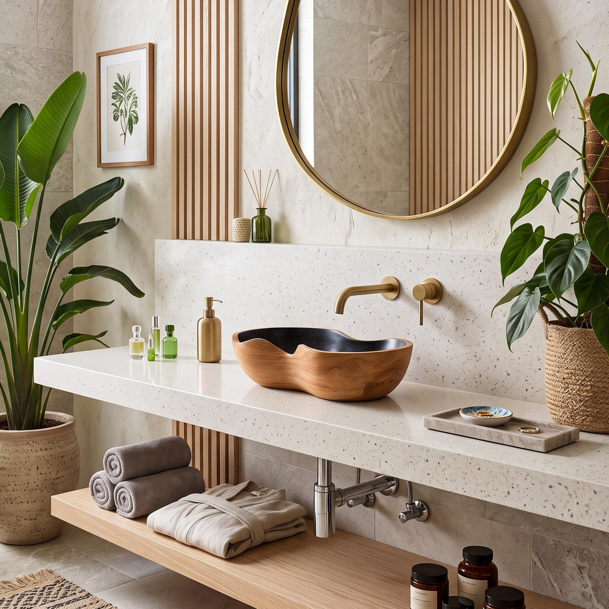 Mid Century Handcrafted Wood Wash Basin For Bathroom Use
