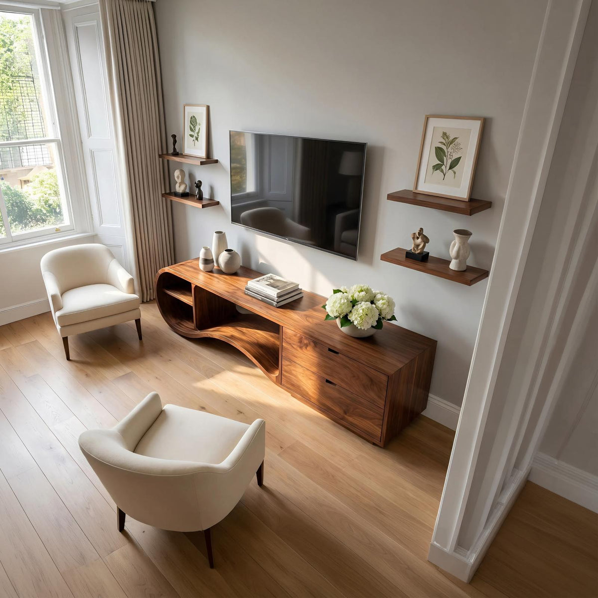 Contemporary Organic TV Cabinet, Handcrafted Wavy Edge Solid Wood Media Sideboard Console & Entertainment Board Stand