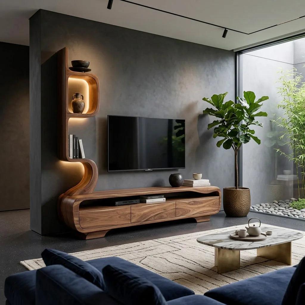 Organic Sculptural TV Console With Display Shelves For Living Room
