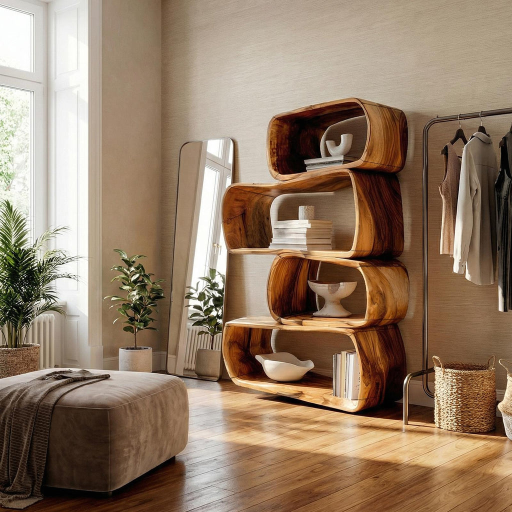 Rustic Farmhouse Abstract Bookshelf, Geometric Wooden Bookcase Cabinet for Apartment & Living Room