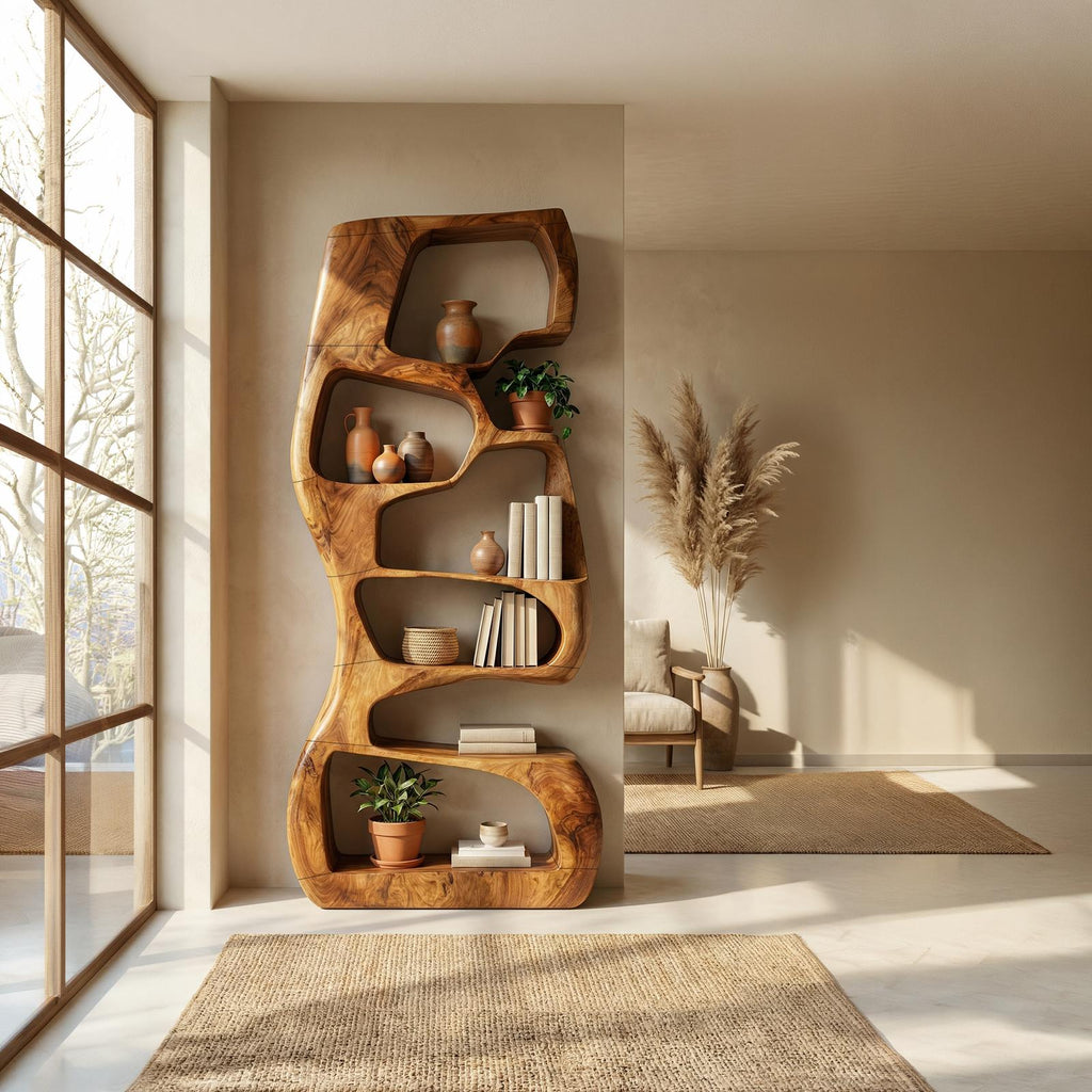 Japandi Geometric Bookshelf, Modern Wooden Storage Shelf Display Unit for Living Room & Kitchen