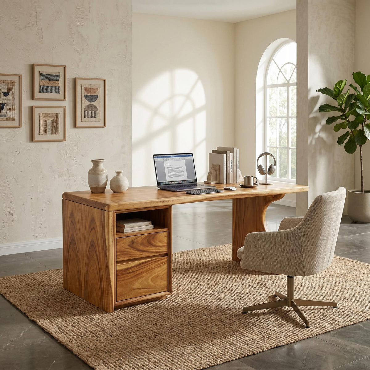 Contemporary Laptop Desk with Side Storage, Compact Wooden Writing Desk for Apartment Home Office