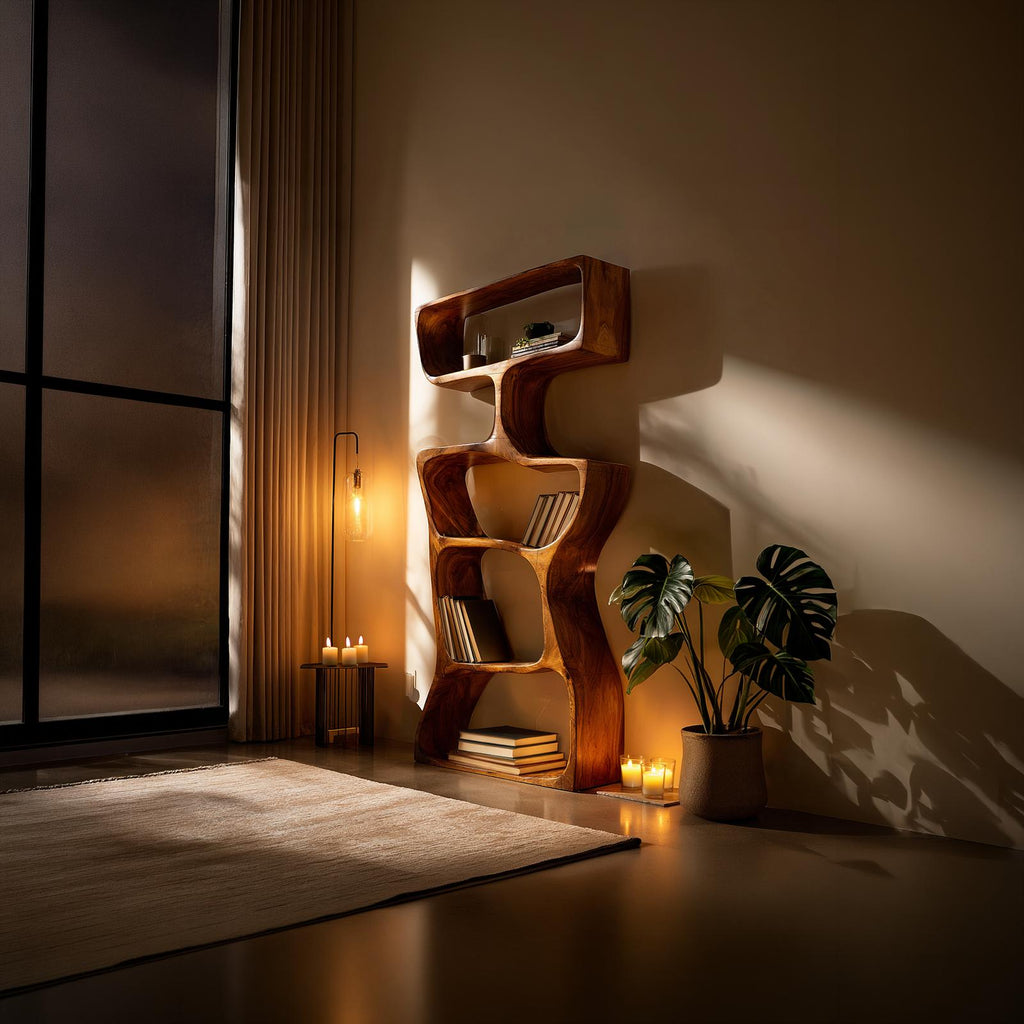 Organic Modern Asymmetrical Bookshelf, Unique Wooden Bookcase Shelf for Living Room & Reading Nook