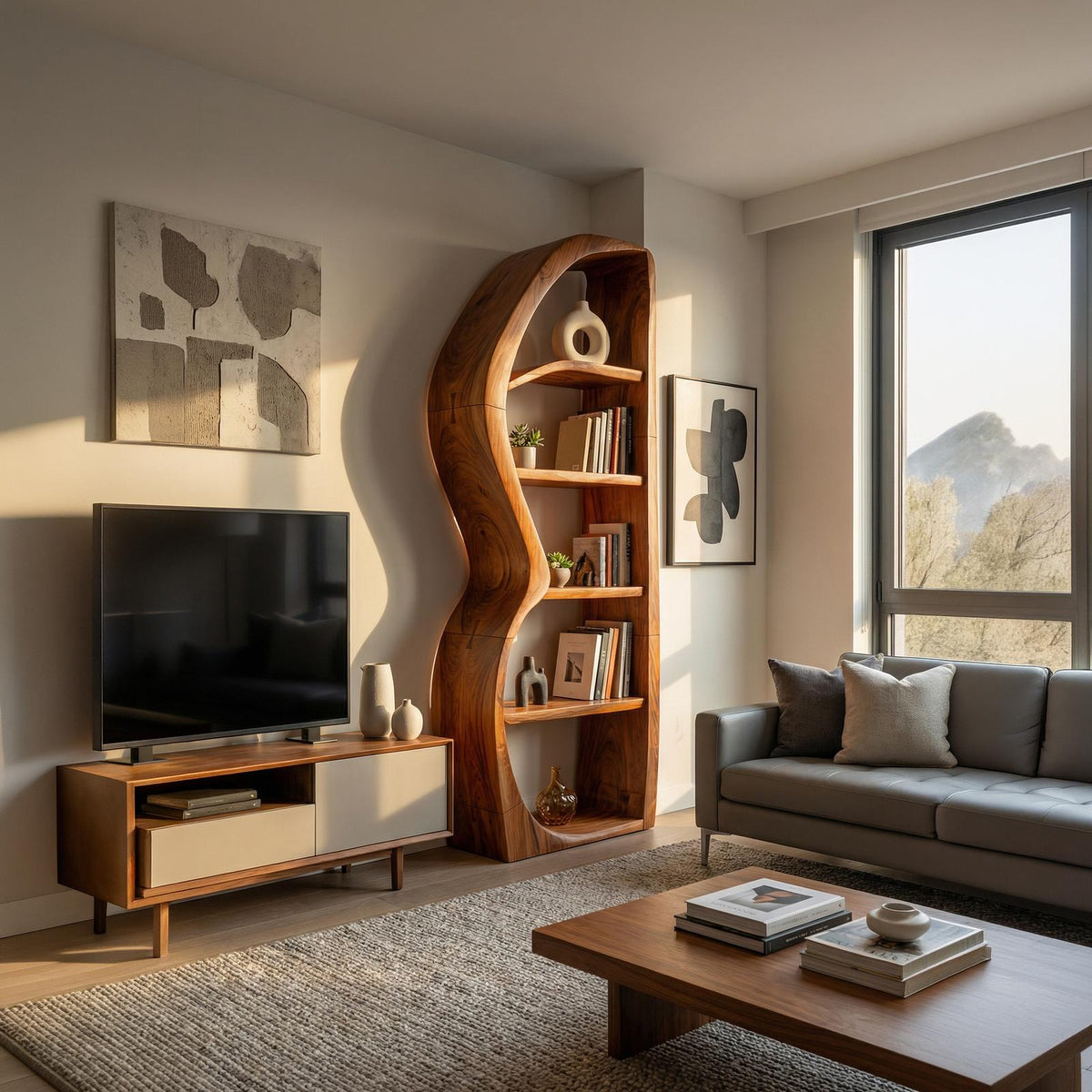 Mid-Century Modern Bookshelf, Unique Wooden Bookcase & Decorative Storage Shelves for Living Room