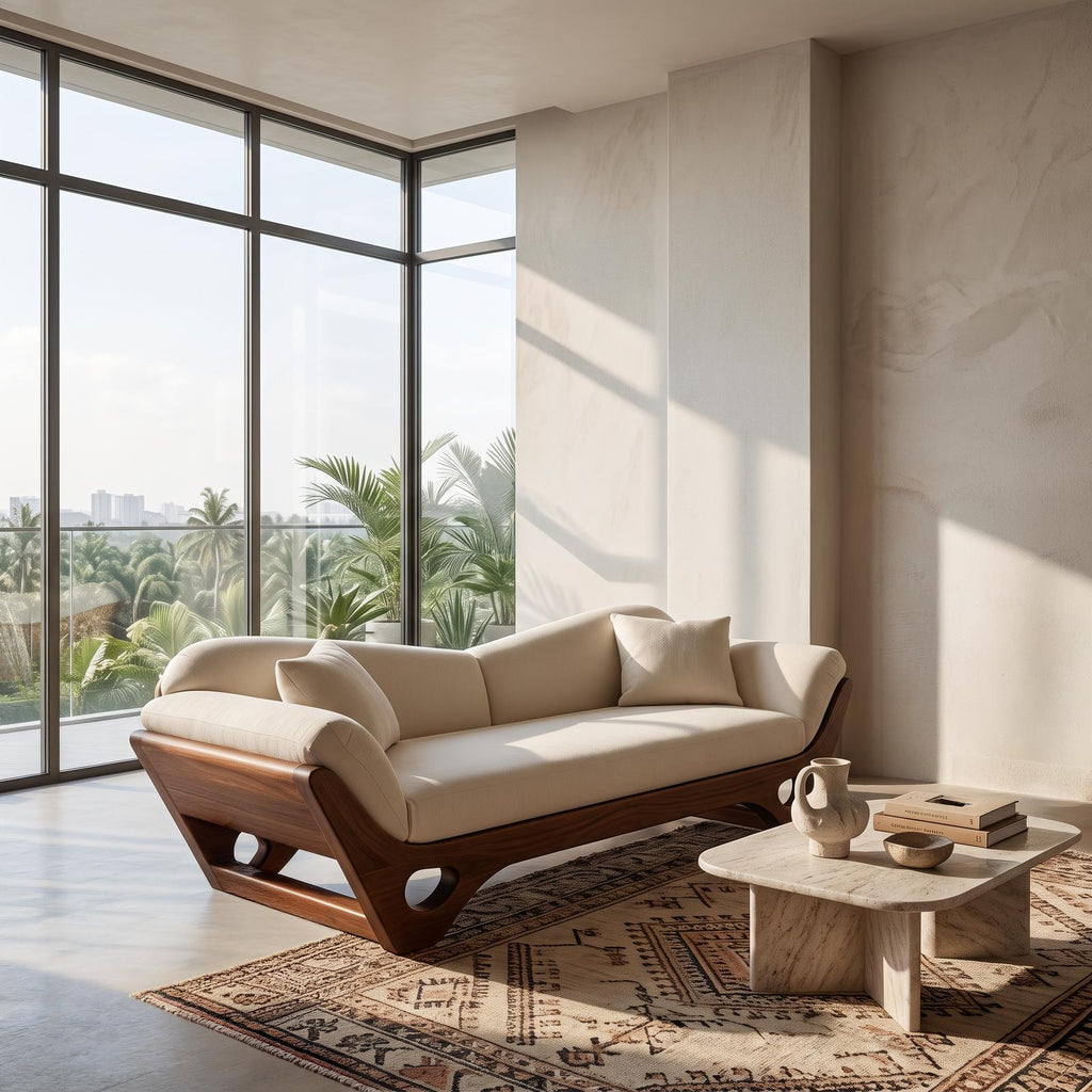 Artistic Wooden Sofa with Sculptural Organic Frame, Contemporary Settee Lounge Couch for Designer Home