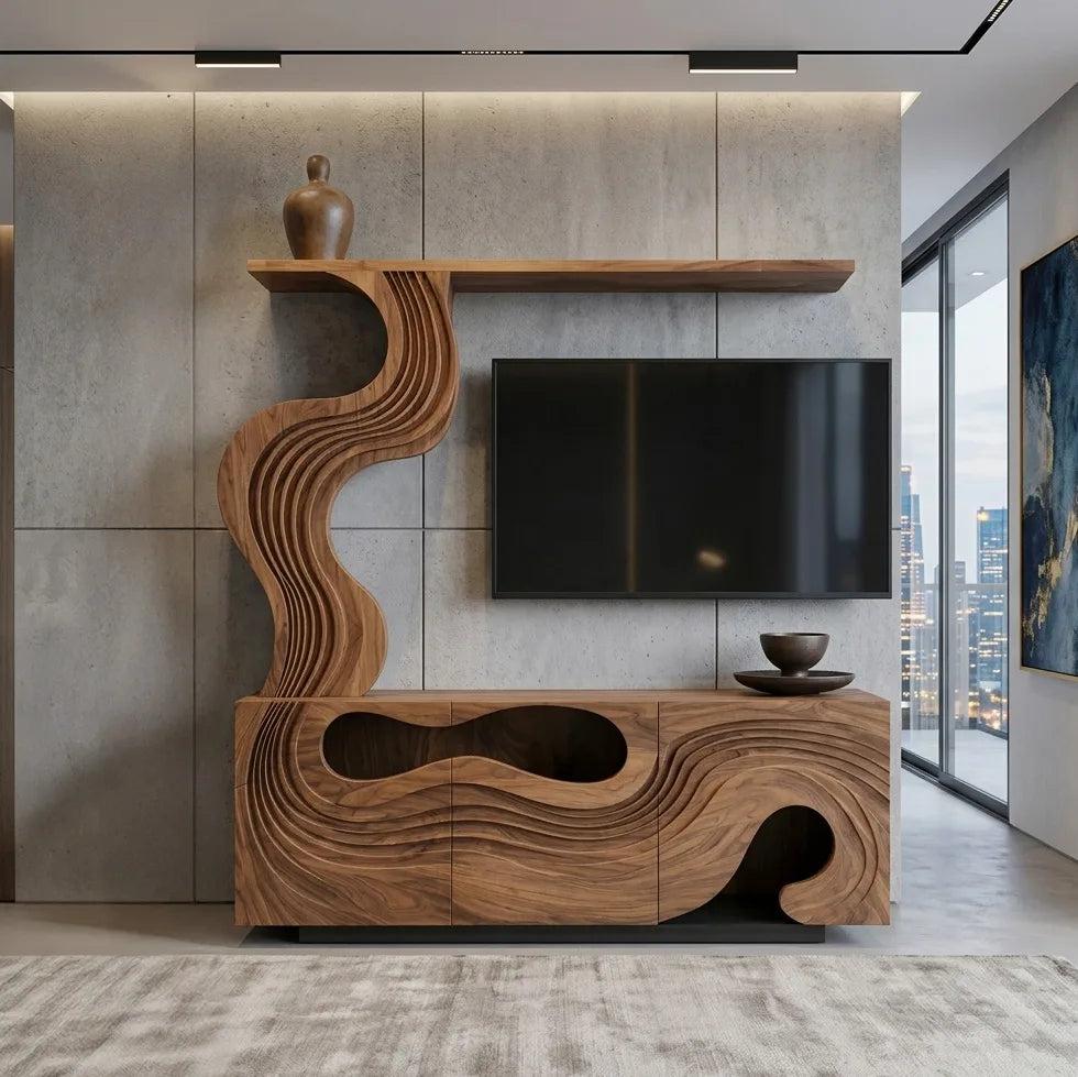 Sculptural Carved Wooden TV Stand With Display Shelf For Living Room