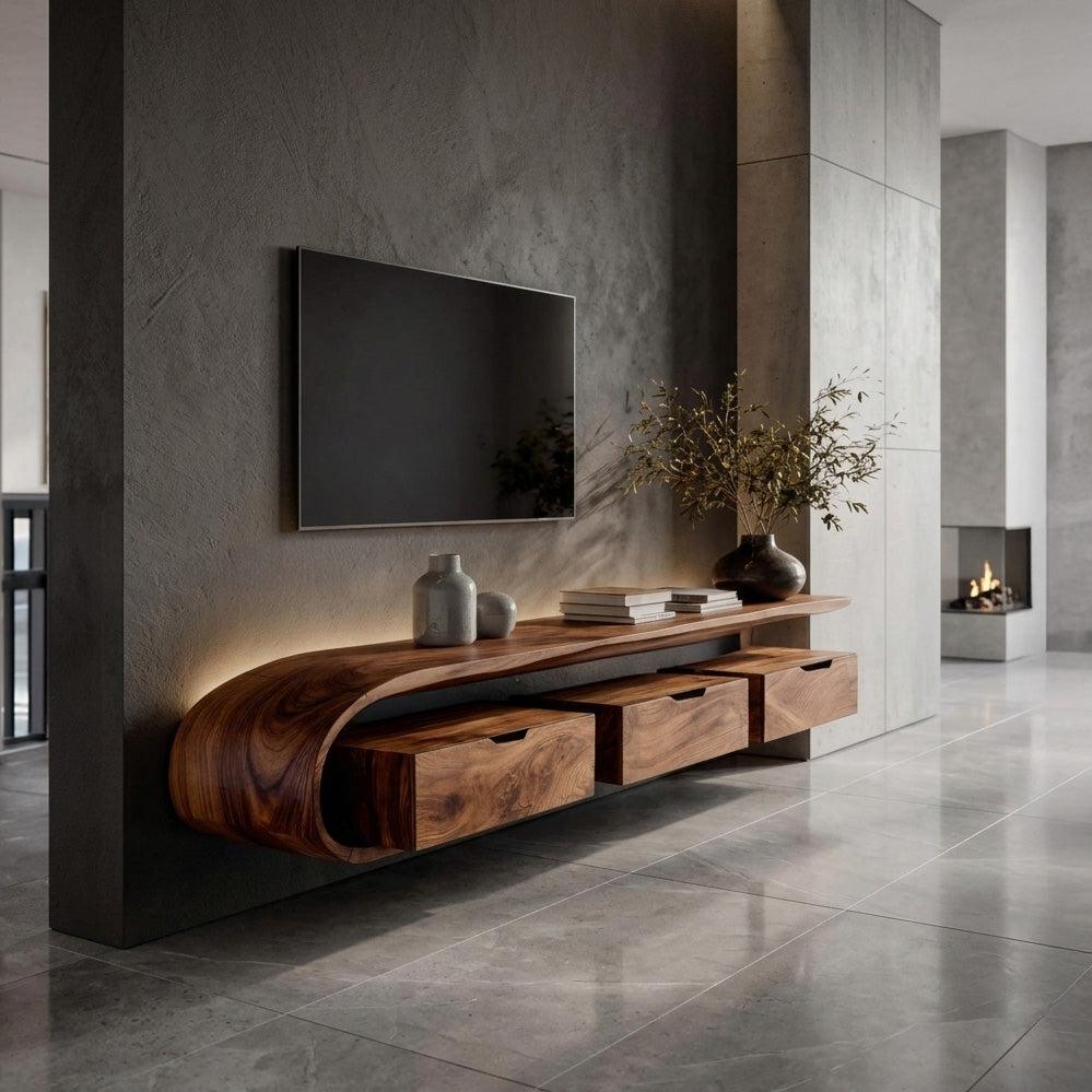 Minimal Curved Floating TV Console With Drawers For Living