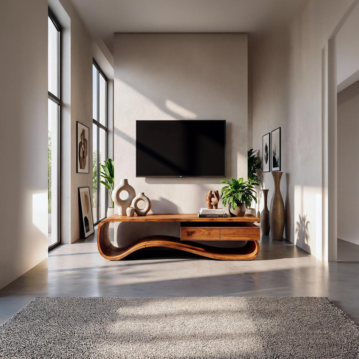 Contemporary Organic Wood TV Stand, Modern Media Console & Entertainment Center Cabinet for Lounge