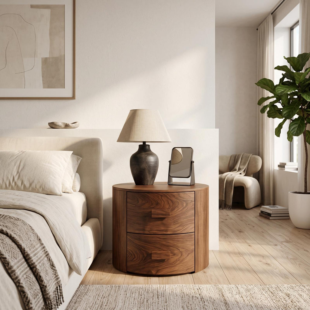 Modern Round Wooden Nightstand with 2 Drawers, Curved Wood Bedside Table for Bedroom Storage, Model