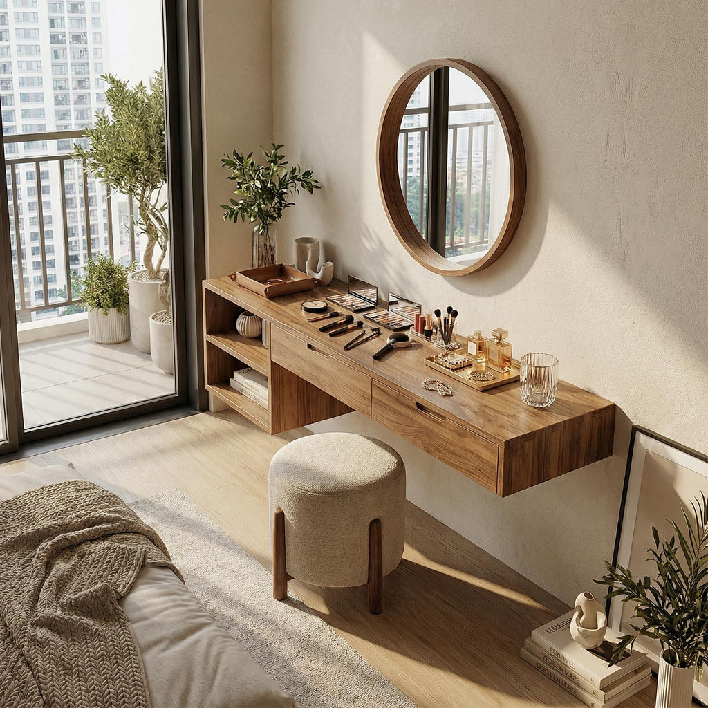 Spry Interior Organic Wood Vanity Table, Rustic Bedroom Makeup Dressing Desk & Beauty Station, SILDTTRMV017