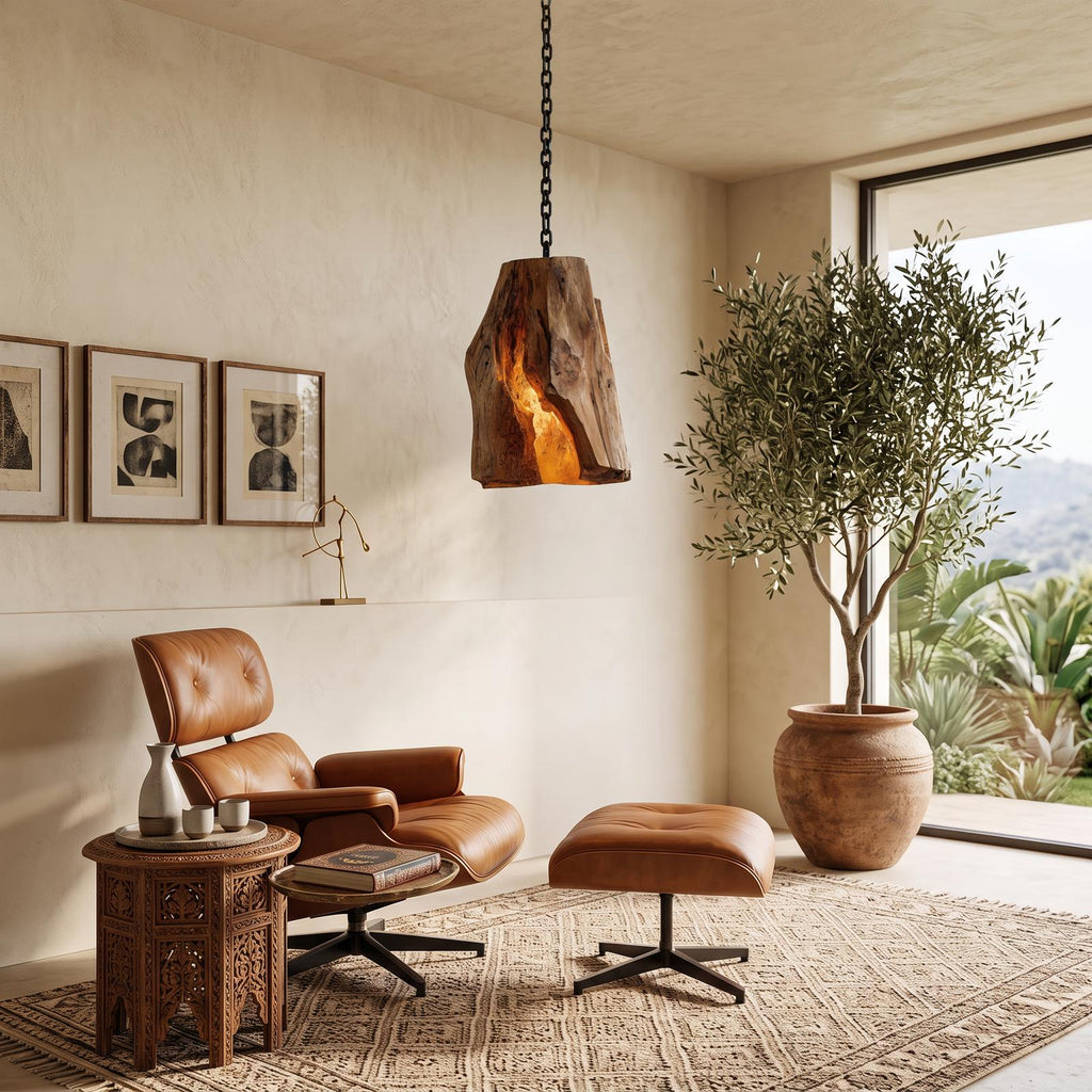 Rustic Organic Wooden Pendant Light, Handcrafted Solid Wood Hanging Chandelier Ceiling Lamp Fixture for Dining Room