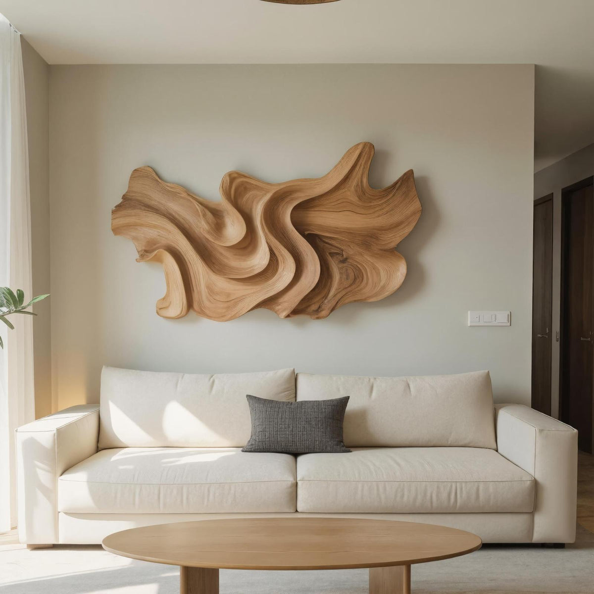Modern Sculptural Wood Wall Art, 3D Hand-Carved Abstract Geometric Wooden Wall Hanging Panel for Living Room & Bedroom