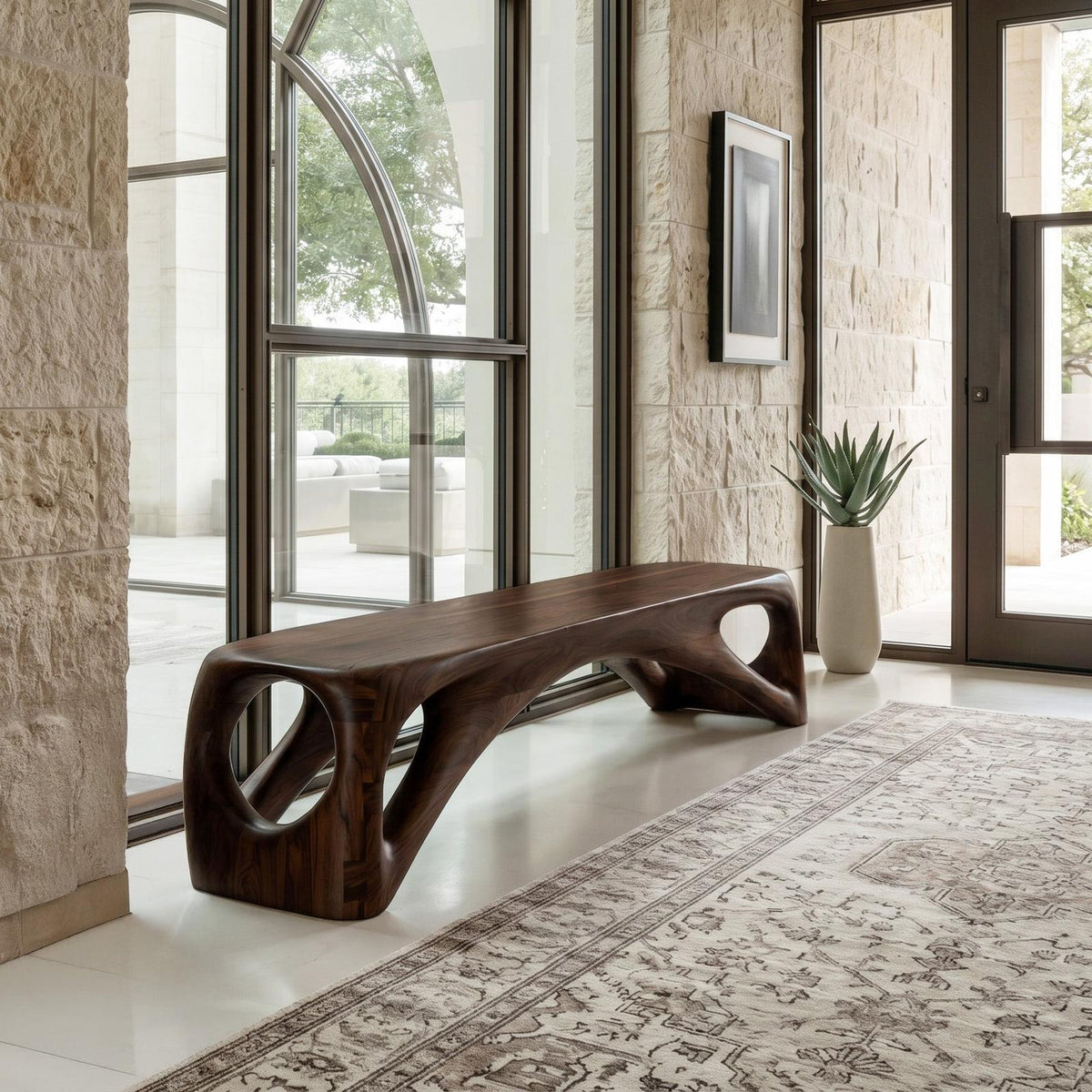 Organic Wooden Bench Hollow Design For Living Room