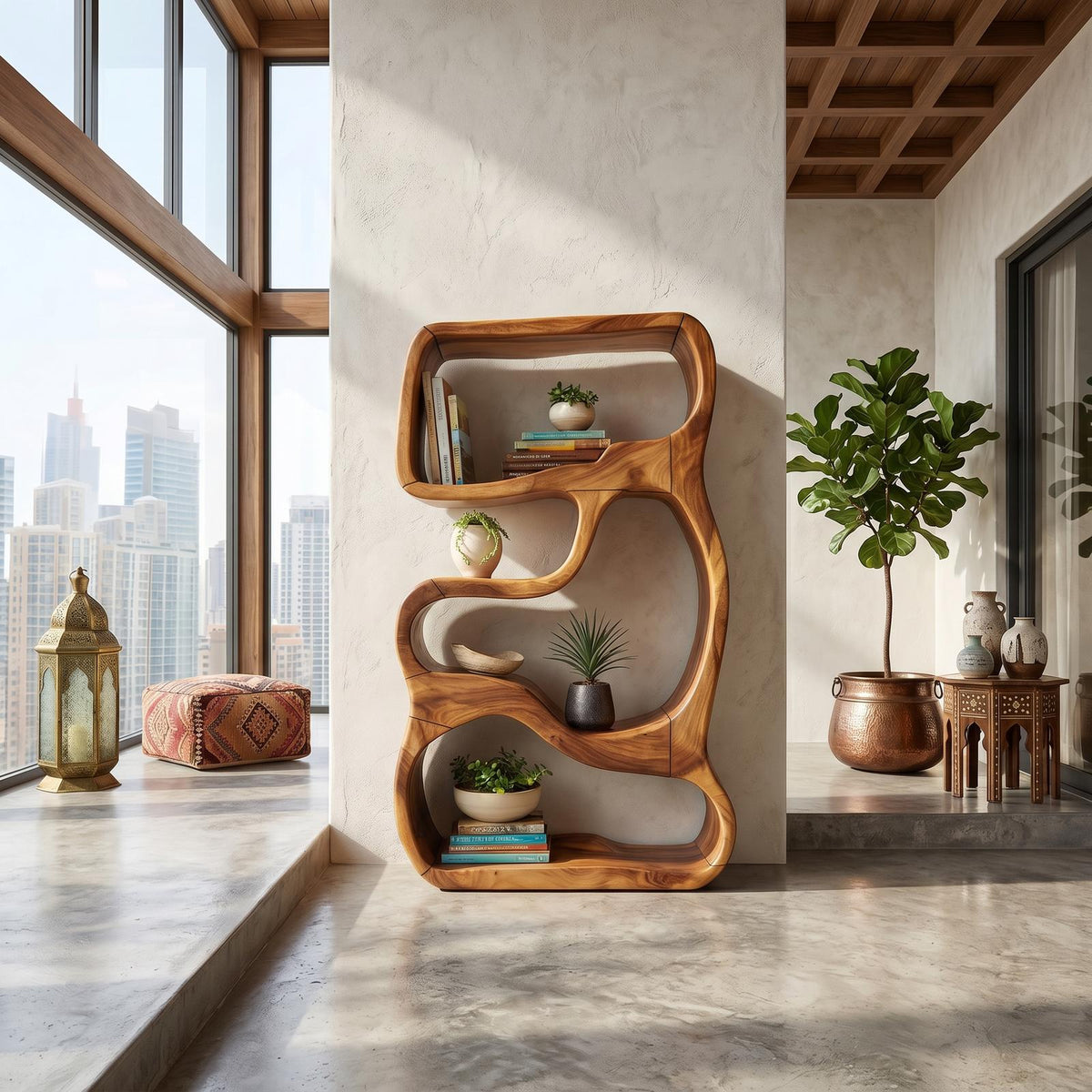 Minimalist Wooden Bookshelf Featuring Curved Side Panels