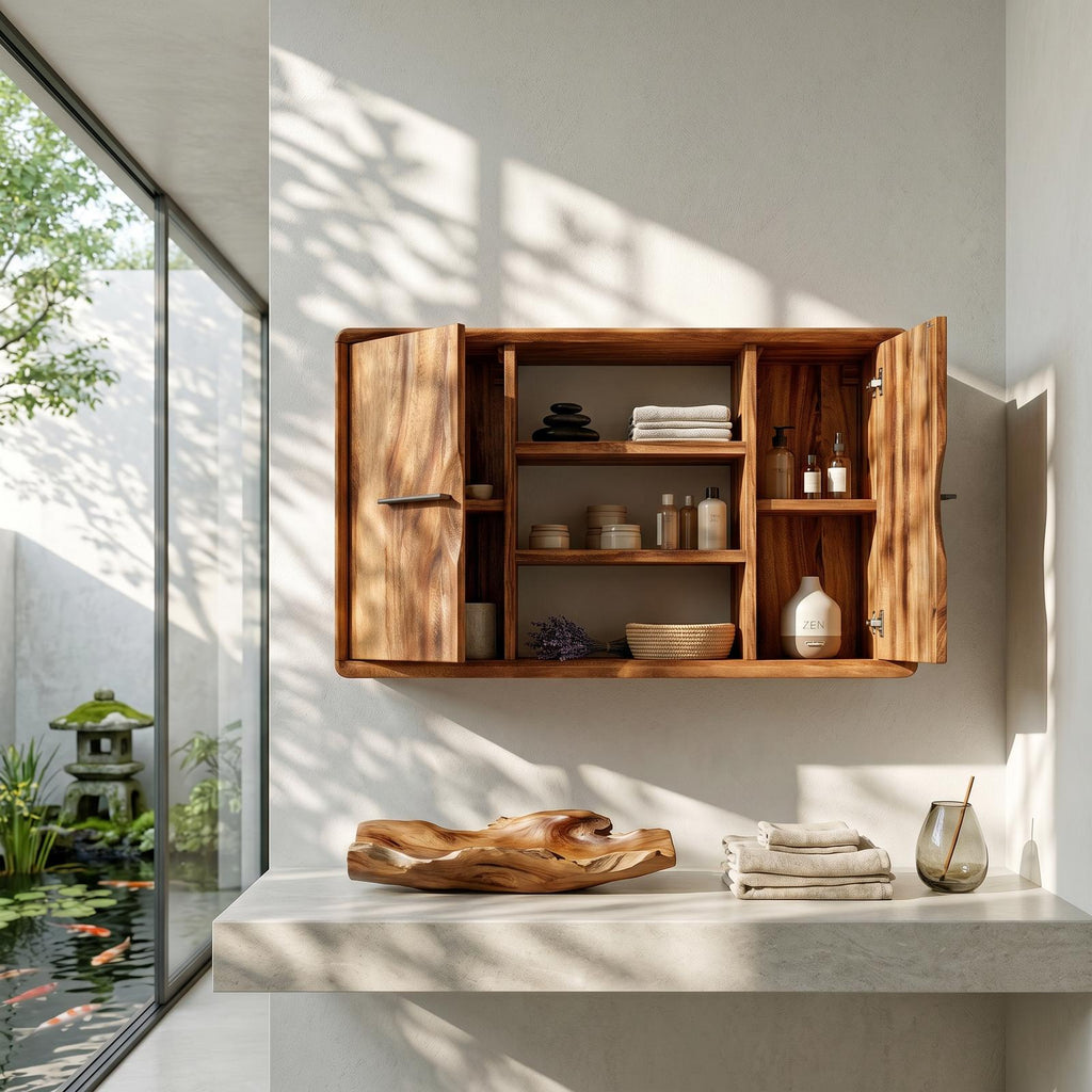 Spry Interior Japandi Solid Wood Open Shelf Bathroom Cabinet, Ensuite Vanity Organizer Cupboard, SILDTTRBRC003