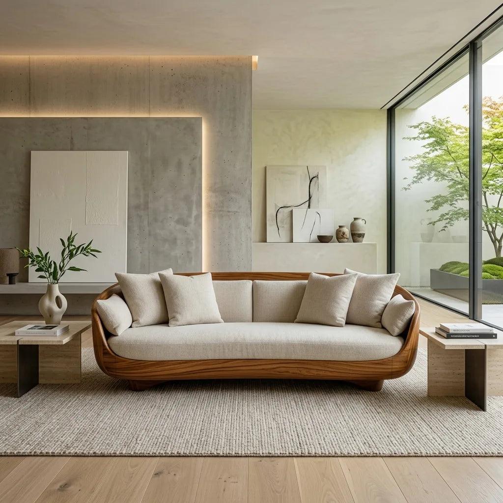 Contemporary Curved Wooden Sofa With Upholstered Seat For Living Room RTNGHNSFA070
