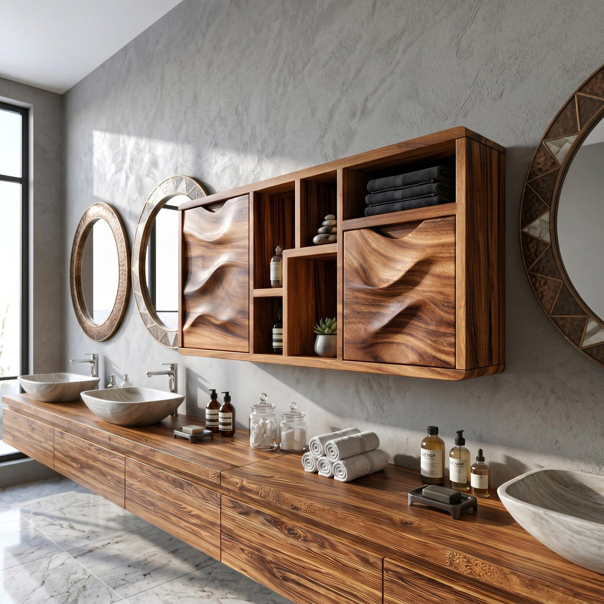 Spry Interior Organic Wave Panel Bathroom Cabinet, Solid Wood Spa Lounge Wall Mounted Storage Vanity, SILDTTRBRC013