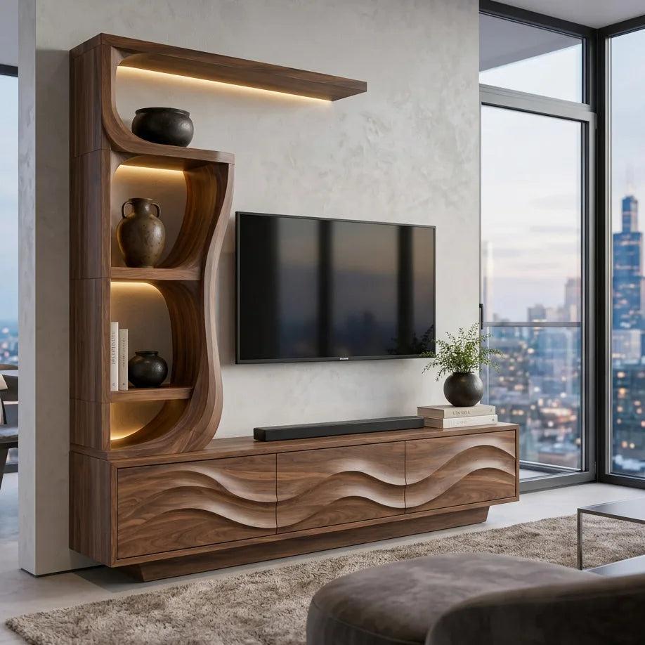 Contemporary Wave Carved Wooden TV Stand With Shelf For Living Room RTNGHNTVC145