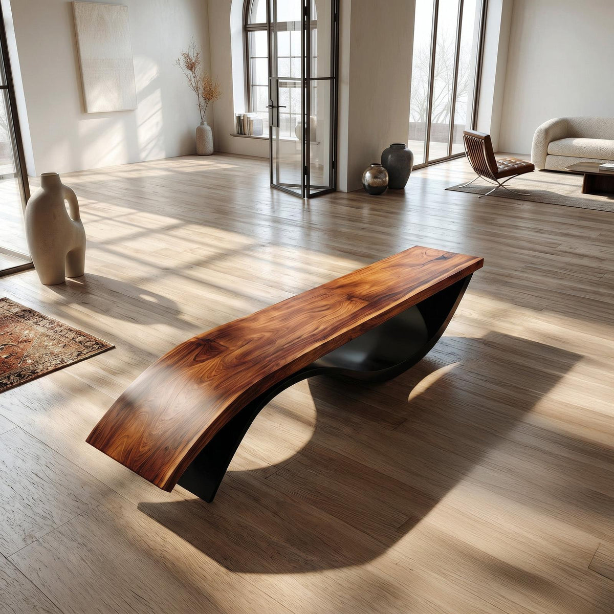 Handcrafted Wooden Bench With Unique Undulating Form For Living Room RTTHHNCHR160