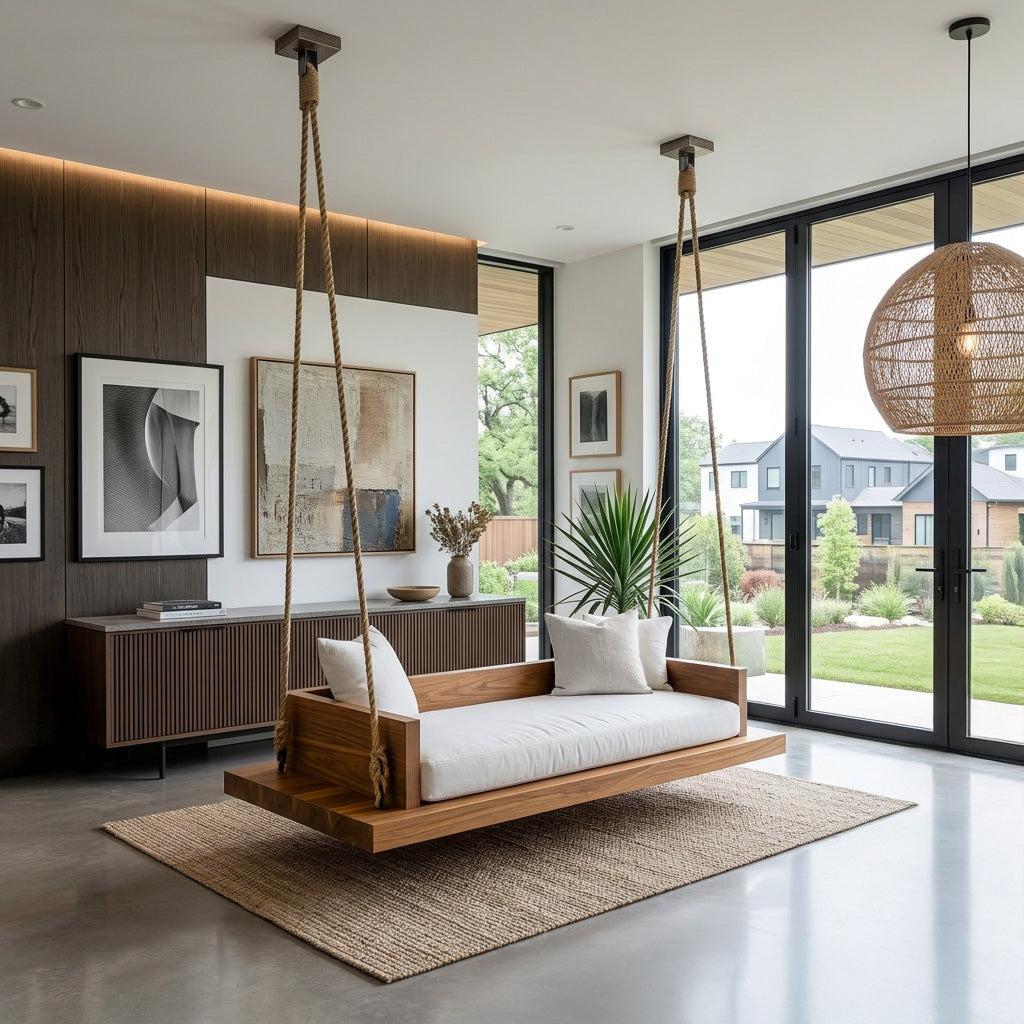 Modern Hanging Ceiling Swing, Handcrafted Solid Wood Indoor Swing Chair for Living Room & Studio