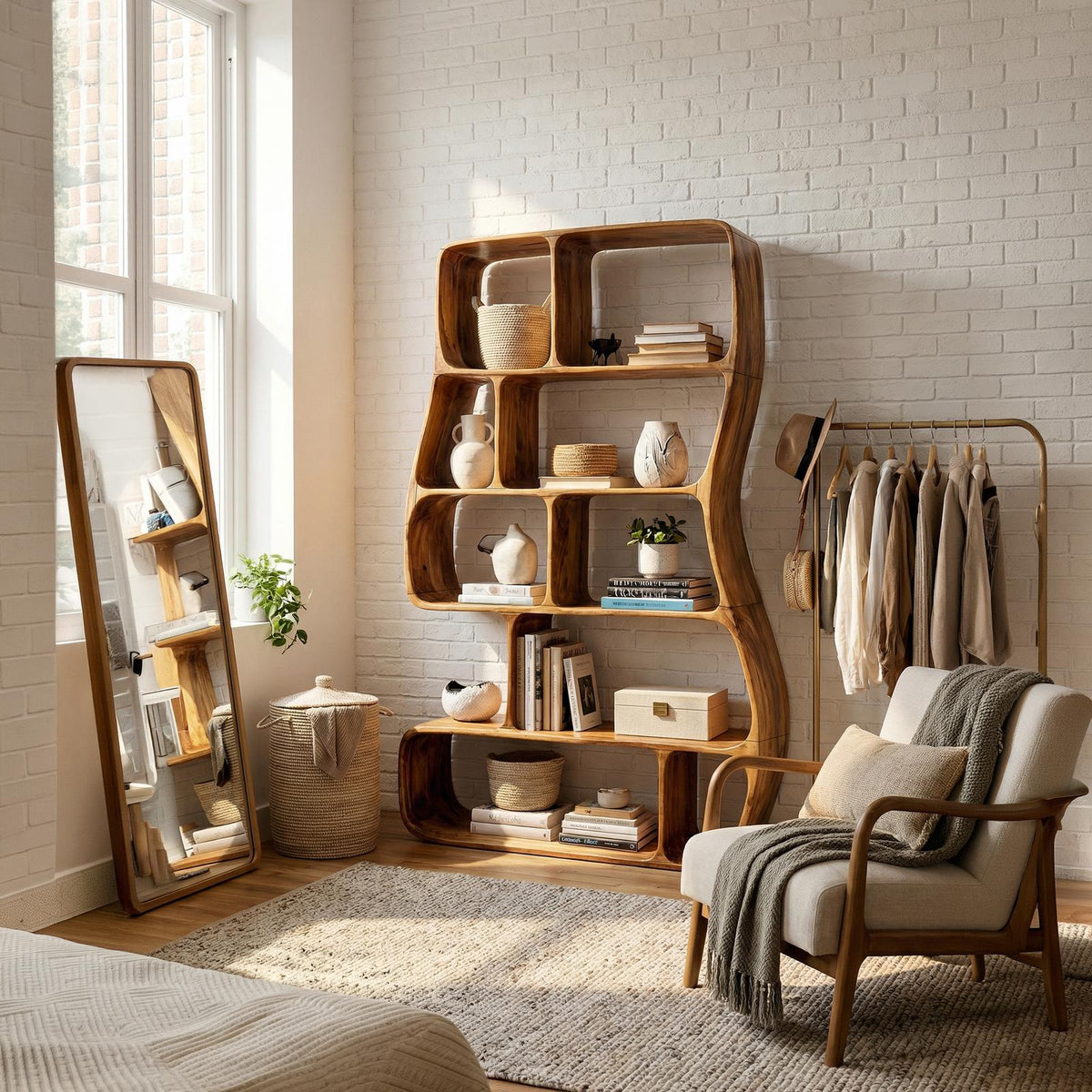 Contemporary Artistic Bookshelf, Unique Wooden Decorative Bookcase for Bedroom & Office Corner