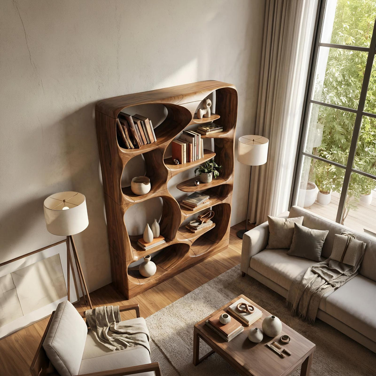 Modern Sculptural Wood Bookshelf, Handcrafted Artistic Storage Organizer Display Case Cabinet for Living Room