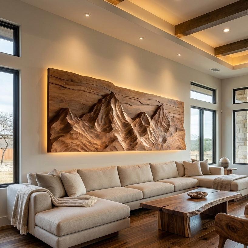 Contemporary Sculptural Wood Wall Art, Mountain Landscape 3D Carved Wood Sculpture Panel for Living Room