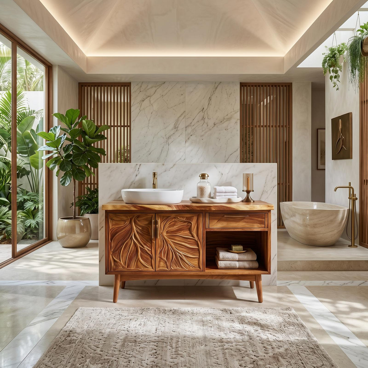 Tropical Wooden Vanity Cabinet with Carved Doors, Handcrafted Solid Wood Spa Bathroom Storage Console