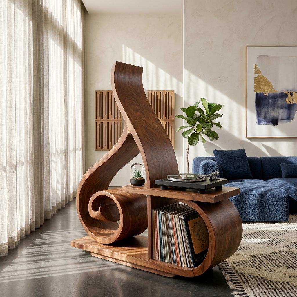 Contemporary Sculptural Wooden Record Player Stand For Living Room
