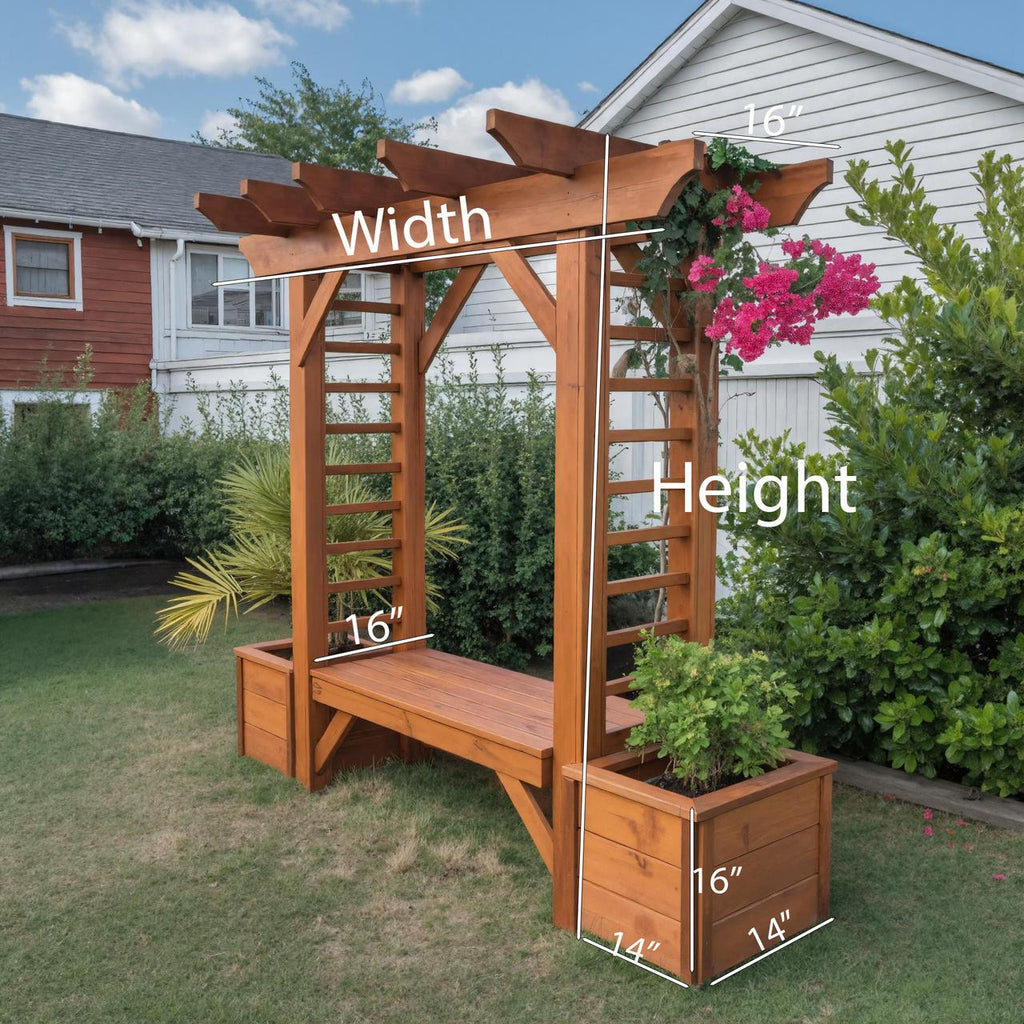 Rustic Wooden Pergola Bench With Planters For Patio Or Garden