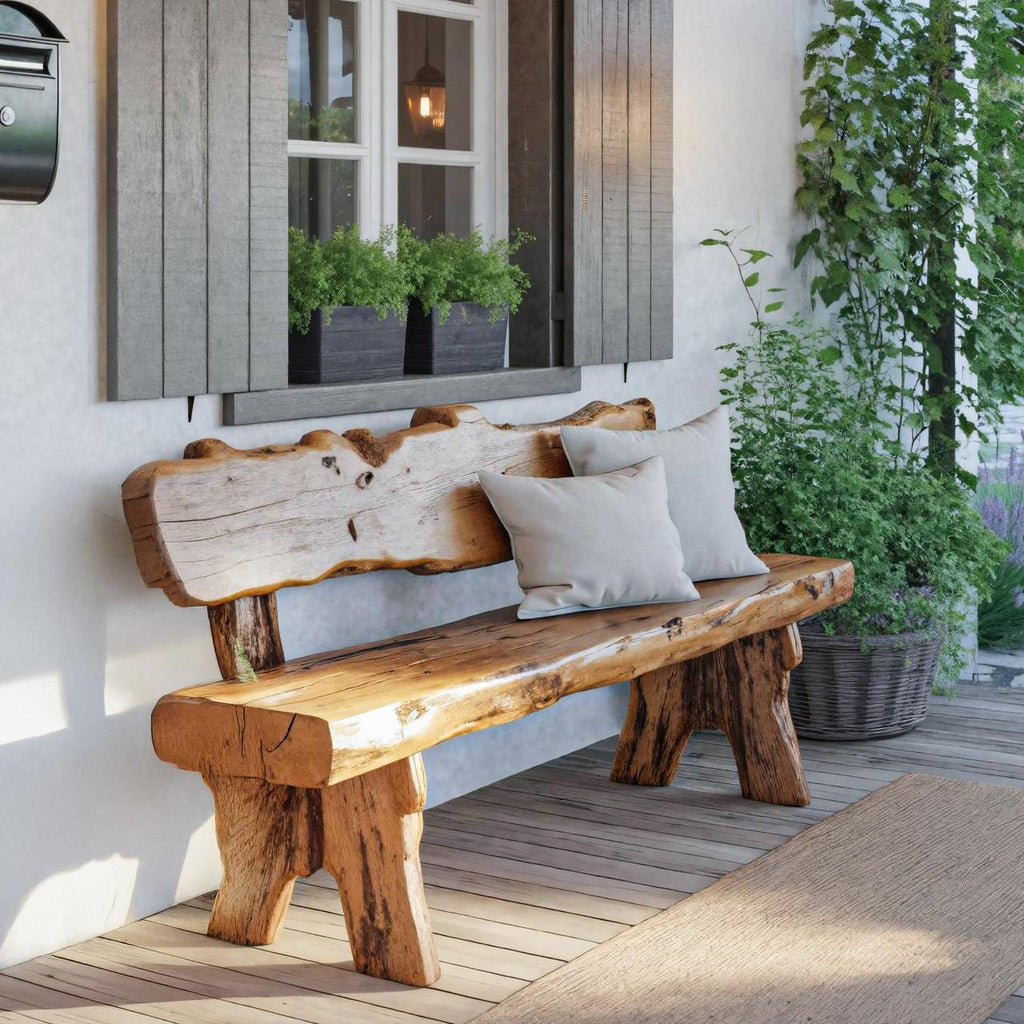 Rustic Live Edge Outdoor Wooden Bench With Backrest For Porch Or Garden