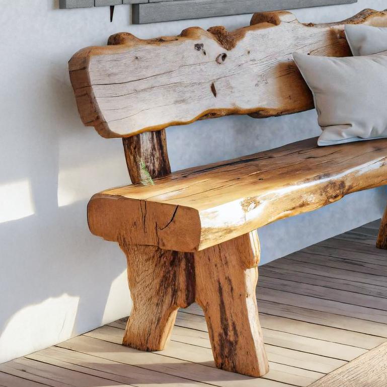 Rustic Live Edge Outdoor Wooden Bench With Backrest For Porch Or Garden