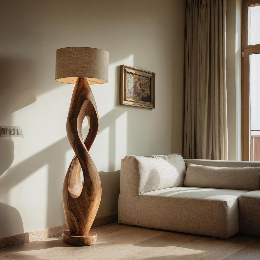 Modern Twisted Wooden Floor Lamp, Handcrafted Solid Wood Spiral Standing Light with Shade for Living Room, Model