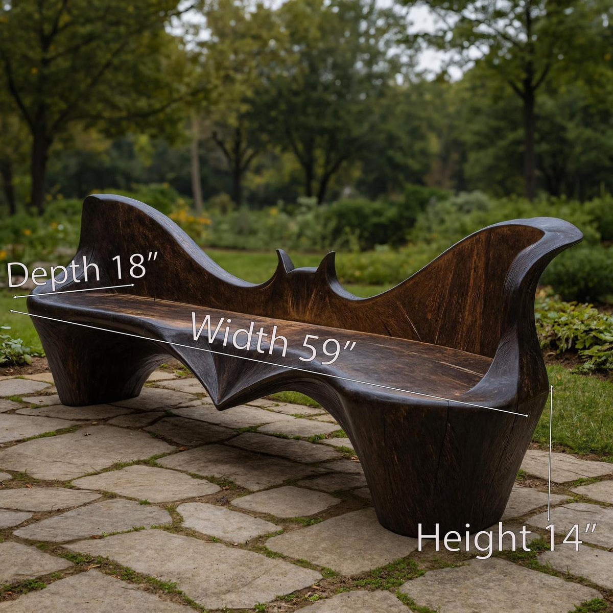 Artistic Sculpted Solid Wood Outdoor Bench, Organic Design Wooden Seating for Garden, Patio & Backyard