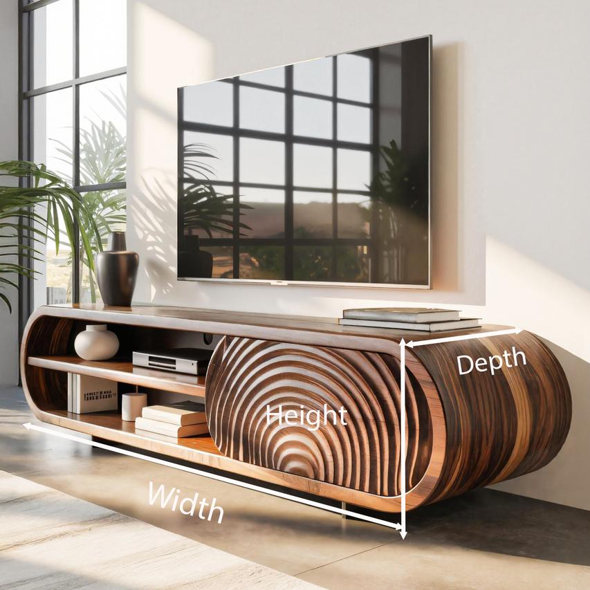Modern Rounded Wood TV Stand With Sculpted Doors For Living Room