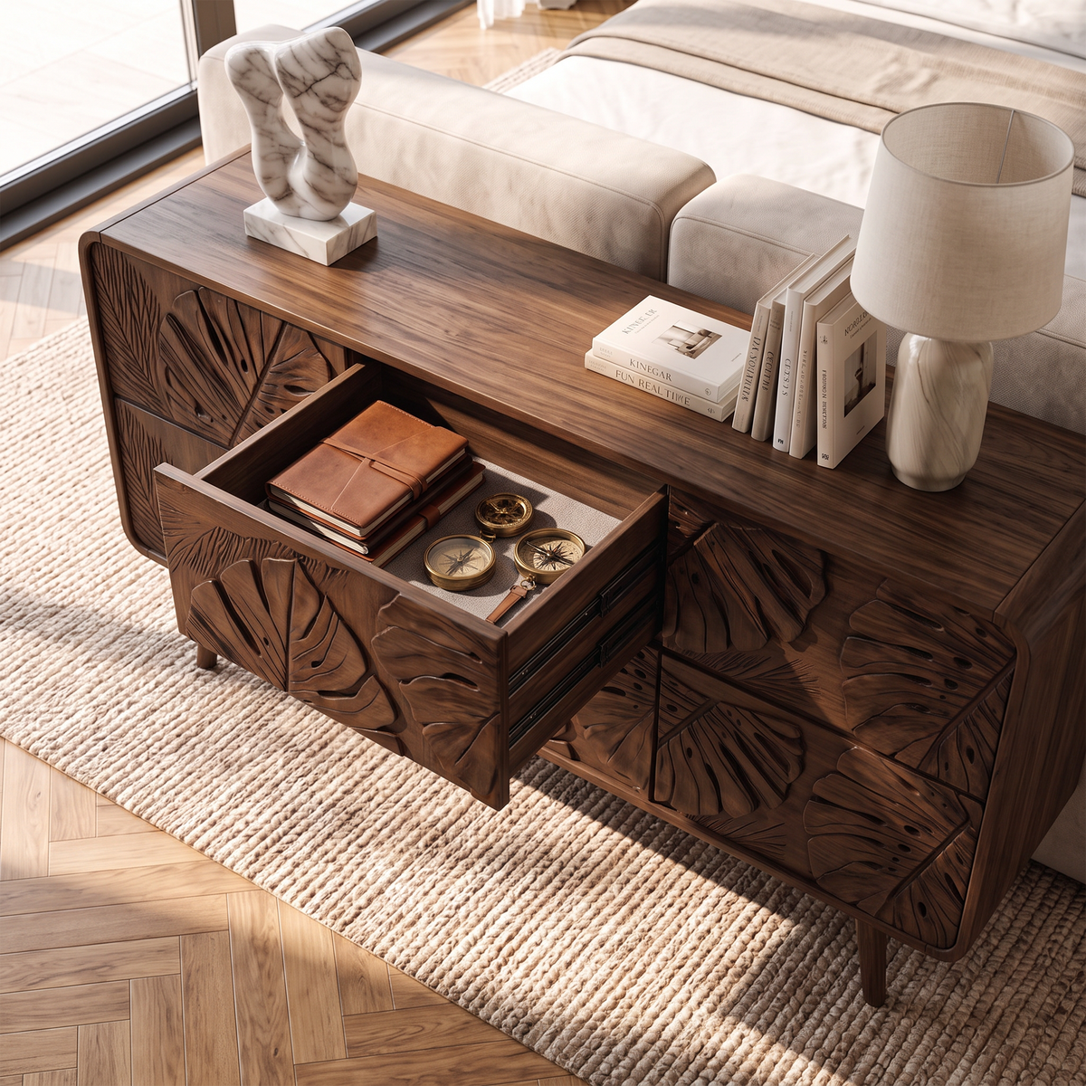 Rustic Dresser With Carved Floral Front For Bed Room SINLKIDR004