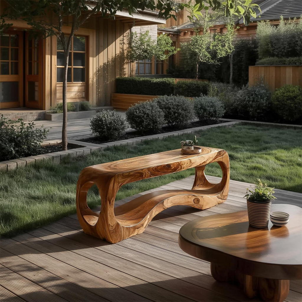 Spry Interior Rustic Sculptural Wood Bench, Handcrafted Entryway Seating & Living Room Accent Bench, SINLSARS073