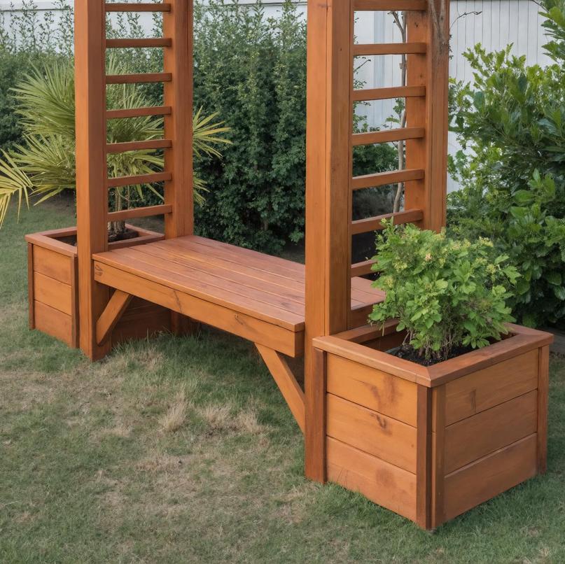 Rustic Wooden Pergola Bench With Planters For Patio Or Garden
