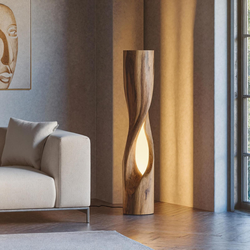 Minimalist Wooden Floor Lamp, Modern Solid Wood Standing Accent Light with Fabric Shade for Living Room, Model