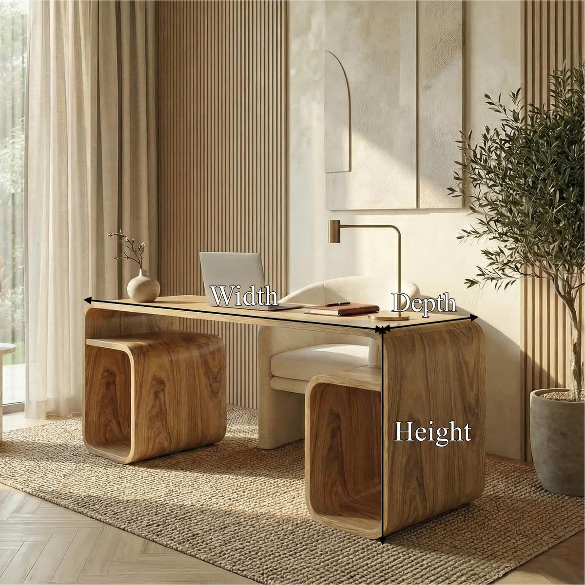 Japandi Curved Desk, Solid Wood Modern Writing Computer Desk for Bedroom & Study Room