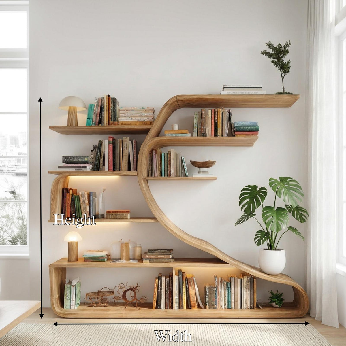Rustic Sculptural Wood Wall Bookshelf, Floating Tree-Shape Book Display Shelf for Bedroom & Living Room
