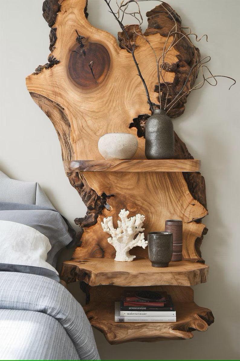 Rustic Live Edge Wood Shelf For Bedroom Decoration And Wooden Bookshelf Display SITHNS001